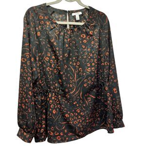 Nine West Women's XL Black with Burnt Orange Geometric V-Neck Long Sleeve Blouse